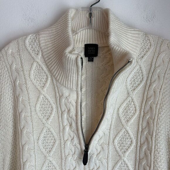 Saks Fifth Avenue Women Ivory quarter Zip Up Cable Knit wool blend Sweater XL - Picture 5 of 9
